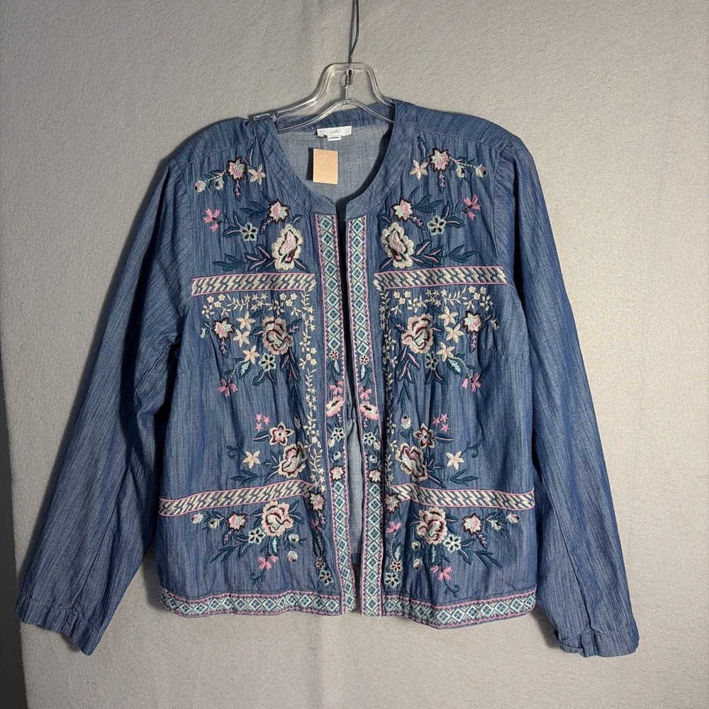 J. Jill Jacket Womens Large Blue Embroidered Cotton Chambray Boho Open Front